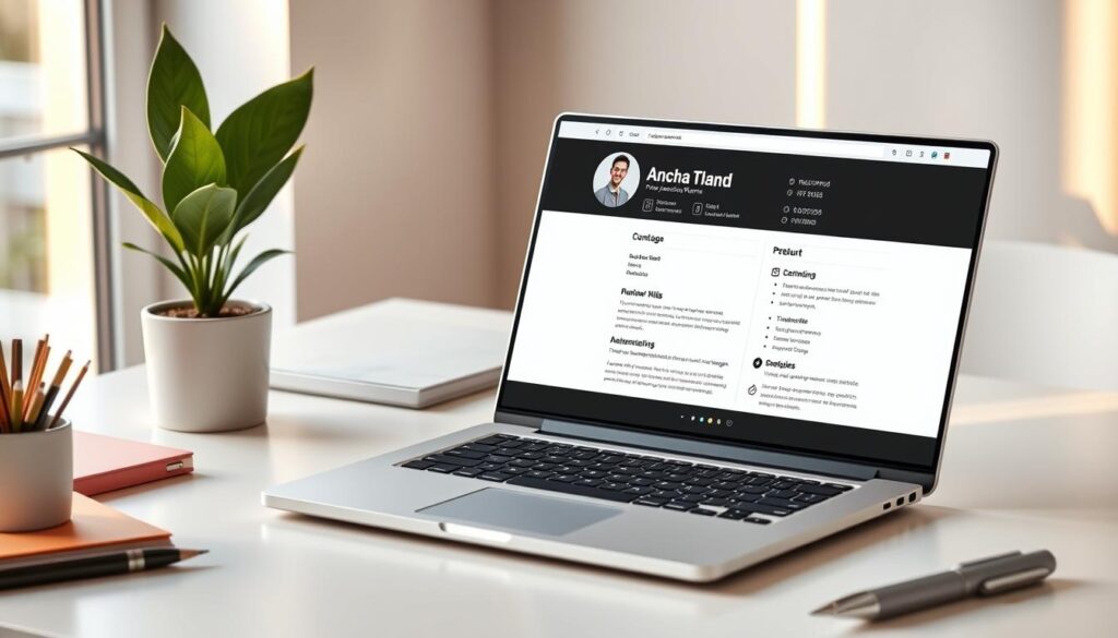 A well-designed online resume displayed on a modern laptop, with a sleek and professional layout showcasing the applicant's skills and experience. The laptop is situated on a minimalist desk, surrounded by stationery items and a plant, creating a clean and organized workspace. Warm, natural lighting from a window highlights the screen, conveying a sense of efficiency and attention to detail. The overall scene exudes a polished, career-focused atmosphere, suitable for a fresh graduate seeking to make a strong first impression.