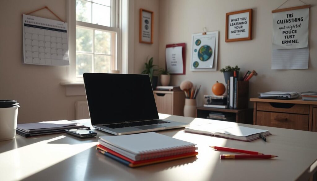 A well-organized student's desk in a cozy, well-lit home office. The surface is clear, with a laptop, a stack of notebooks, and a few neatly arranged pens and pencils. Sunlight streams in through a nearby window, casting a warm glow on the scene. A wall calendar and a small motivational quote frame hang on the wall, providing a sense of structure and purpose. The overall atmosphere is one of focus, productivity, and a commitment to a regular learning routine.