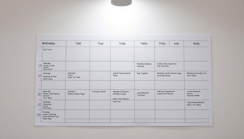 A well-organized weekly schedule with distinct sections for different activities, including study time, club meetings, and leisure pursuits. The layout features clean lines, a neutral color palette, and intuitive icons to denote various tasks. Soft, diffused lighting from above creates a sense of focus and productivity. The overall mood is one of calm efficiency, with the schedule conveying a sense of structure and control over one's time. The composition places the schedule prominently in the center, surrounded by a minimal, uncluttered background that allows the information to be the central focus.