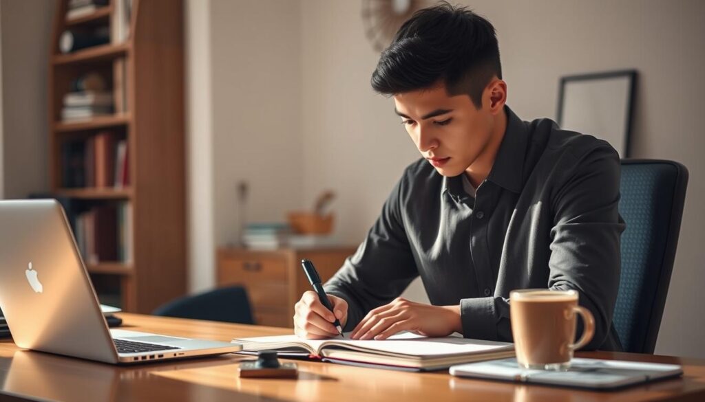A young professional seated at a desk, intently writing in a notebook. The lighting is soft and natural, casting a warm glow on the scene. The desk is neatly organized, with a laptop, a cup of coffee, and a few personal items, conveying a sense of focus and productivity. In the background, a bookshelf or wall decor adds a touch of sophistication, hinting at the individual's knowledge and experience. The pose and expression of the subject suggest a thoughtful, introspective moment, as they reflect on their internship and craft a compelling account of their experiences to include in their curriculum vitae.