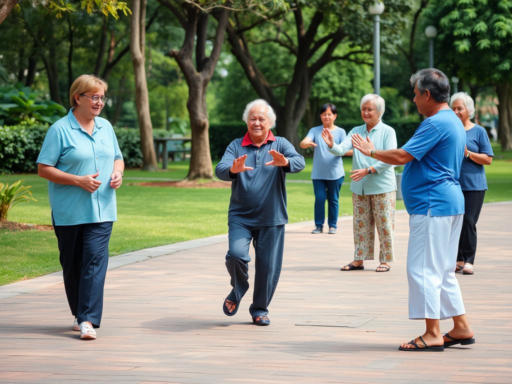 Aktivitas fisik yang cocok untuk dewasa senior seperti jalan santai, tai chi, dan latihan keseimbangan Aktivitas fisik yang cocok untuk dewasa senior seperti jalan santai, tai chi, dan latihan keseimbangan