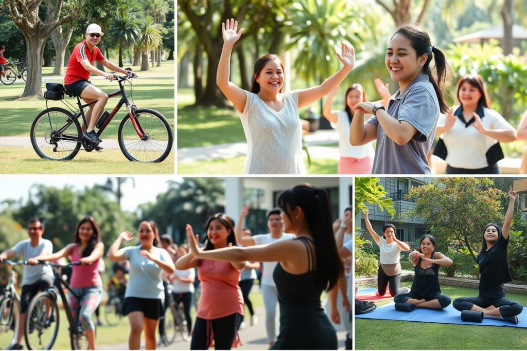Berbagai pilihan aktivitas fisik yang menyenangkan seperti bersepeda, menari, dan yoga Berbagai pilihan aktivitas fisik yang menyenangkan seperti bersepeda, menari, dan yoga