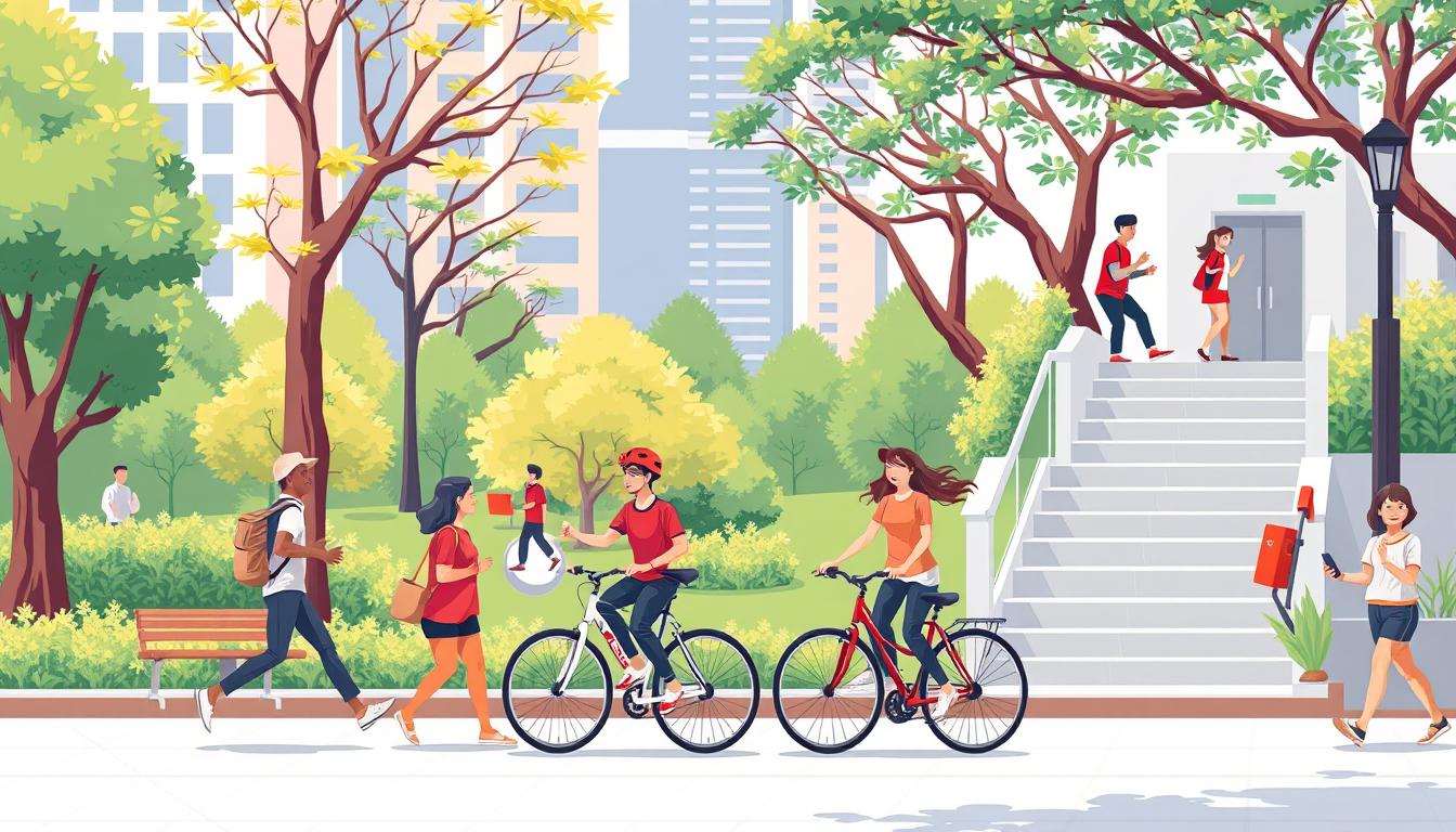 Ilustrasi gaya hidup aktif dengan berbagai aktivitas fisik seperti berjalan, bersepeda, dan olahraga ringan