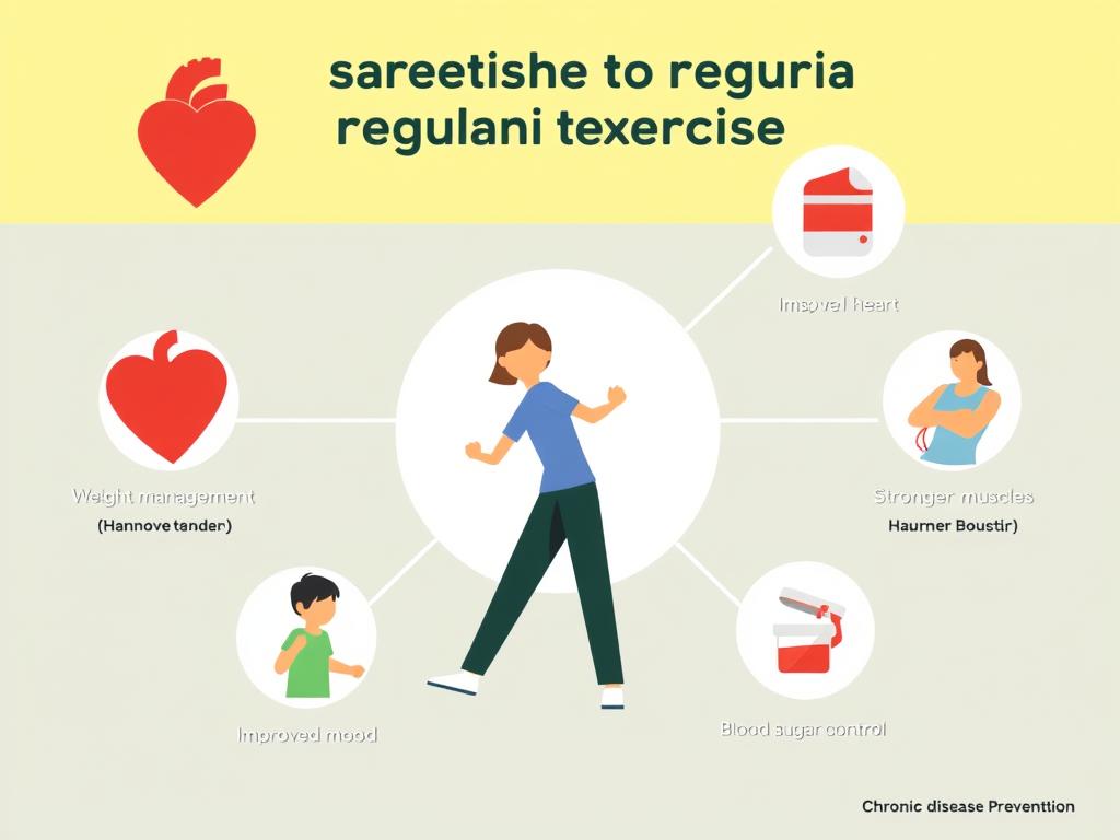 Ilustrasi manfaat latihan pemula menjaga kebugaran turunkan risiko penyakit kronis dengan gambar jantung sehat, penurunan berat badan, dan peningkatan energi Ilustrasi manfaat latihan pemula menjaga kebugaran turunkan risiko penyakit kronis dengan gambar jantung sehat, penurunan berat badan, dan peningkatan energi