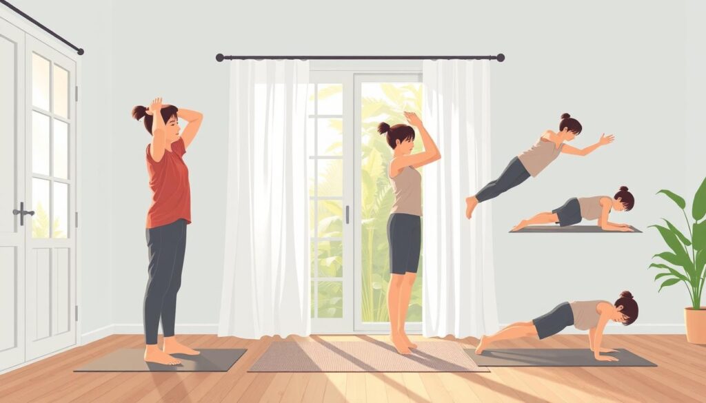 Ilustrasi rutinitas pagi untuk gaya hidup aktif dengan gerakan peregangan dan latihan ringan Ilustrasi rutinitas pagi untuk gaya hidup aktif dengan gerakan peregangan dan latihan ringan