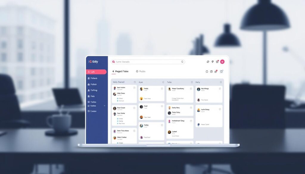 a task management application with a visually organized interface, featuring a stylish and minimalist design with a soft color palette, clean lines, and intuitive layout. The foreground showcases the main dashboard view, with various task cards displayed on a sleek, digital whiteboard-style background. The middle ground includes a sidebar menu with clear icons and labels, allowing for easy navigation through different project views and settings. The background features a subtle, blurred cityscape or workspace scene, conveying a sense of productivity and professionalism. The overall atmosphere is one of efficiency, organization, and a visually appealing user experience.