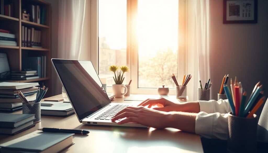 A tranquil home office with a desk, laptop, and various stationery items. Sunlight streams through a large window, casting a warm glow on the workspace. A person's hands are visible, typing on the keyboard, symbolizing the process of earning money through online business activities such as hosting and domain sales. The room is neatly organized, reflecting a sense of productivity and financial stability. The overall atmosphere is one of focus, diligence, and the potential for financial growth.