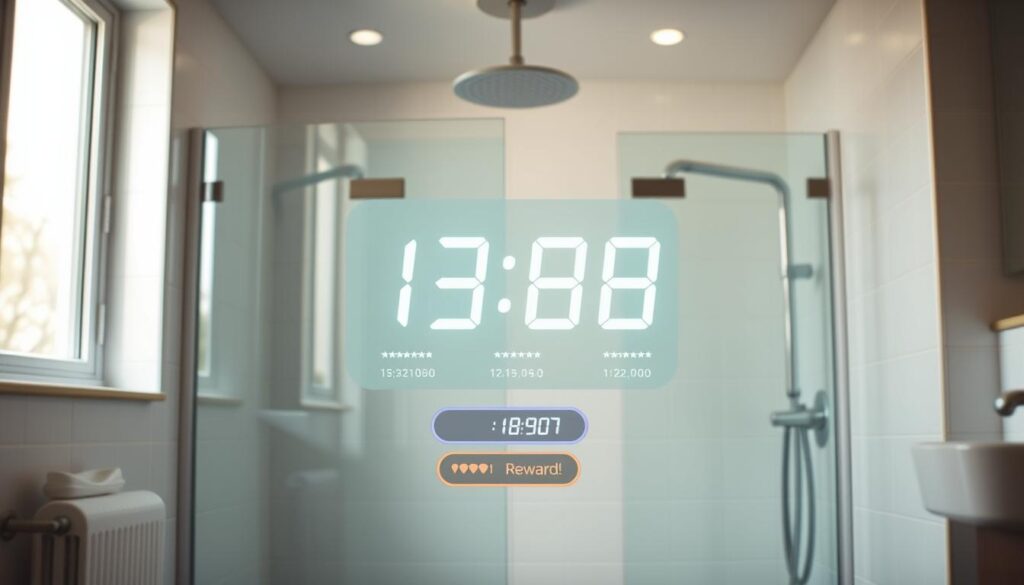 A brightly lit bathroom interior, with a digital timer display prominently featured in the foreground. The timer is gamified, with playful visual elements such as retro-style pixel art, level progression indicators, and simple "reward" animations when the timer reaches certain milestones. The middle ground showcases a modern, minimalist shower area with transparent glass panels, while the background features tiled walls and a window letting in natural light. The overall mood is one of engagement and motivation, encouraging the user to make the most of their shower time in a fun, rewarding way.