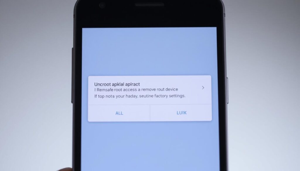 A close-up view of an Android smartphone's screen, displaying the "Unroot aplikasi" screen. The device's screen is well-lit, with a clean, simple interface showing options to safely remove root access and restore the device to its factory settings. The background is blurred, with a subtle gradient that suggests a professional, technical environment. The image conveys a sense of control and security, indicating the user's ability to undo modifications and return their device to a secure, unmodified state.