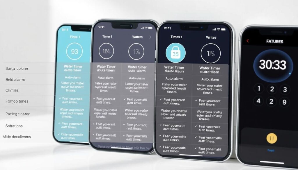A detailed comparison of key features across a selection of bathroom timer applications, presented in a clean, minimal aesthetic. Showcase the applications' core functionality - water timer, auto-alarm, and other unique capabilities - through a grid-like interface with clear iconography and subtle color accents. Render the scene with a soft, natural lighting that complements the sleek, modern device designs. Capture the applications in a way that is informative yet visually appealing, suitable for inclusion in a product review article.