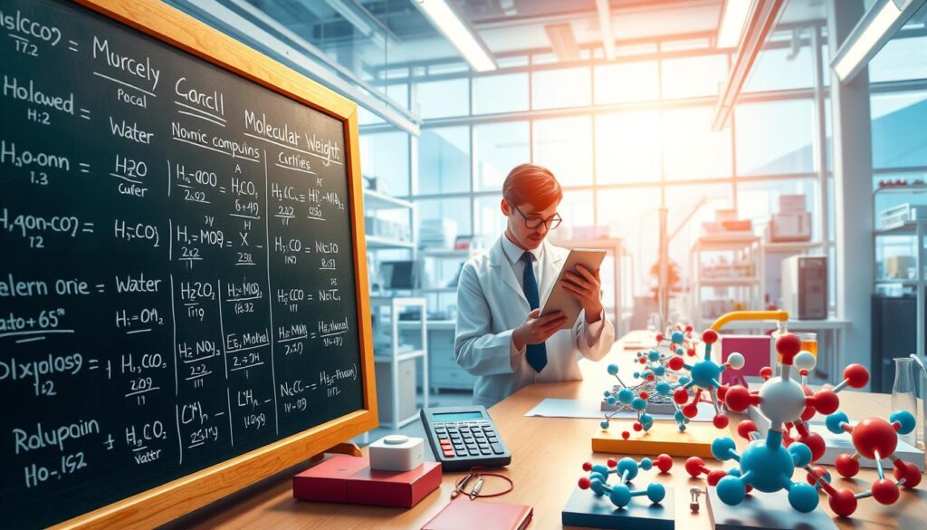 A detailed digital illustration depicting a molecular calculation setup for common compounds. In the foreground, show a large chalkboard filled with molecular formulas, atomic weights, and intricate diagrams of molecules like water (H2O) and carbon dioxide (CO2). In the middle, include a scientist in professional attire, deeply focused on performing calculations with a calculator in hand, surrounded by molecular model kits. The background features a bright, modern laboratory filled with advanced scientific equipment, vibrant colors, and soft, natural lighting filtering through large windows, creating an engaging and dynamic atmosphere that emphasizes the fusion of physical and virtual worlds in technology. The overall mood should be inspirational and academic, highlighting innovation and discovery. A detailed digital illustration depicting a molecular calculation setup for common compounds. In the foreground, show a large chalkboard filled with molecular formulas, atomic weights, and intricate diagrams of molecules like water (H2O) and carbon dioxide (CO2). In the middle, include a scientist in professional attire, deeply focused on performing calculations with a calculator in hand, surrounded by molecular model kits. The background features a bright, modern laboratory filled with advanced scientific equipment, vibrant colors, and soft, natural lighting filtering through large windows, creating an engaging and dynamic atmosphere that emphasizes the fusion of physical and virtual worlds in technology. The overall mood should be inspirational and academic, highlighting innovation and discovery.