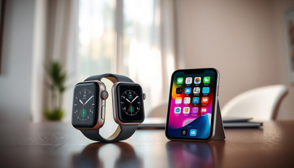 A sleek Apple Watch and an elegant iPod Touch displayed prominently in the foreground, showcasing their unique designs and functions. The watch screen illuminates with vibrant fitness metrics, while the iPod Touch shows its colorful app interface. In the middle ground, a softly blurred modern workspace enhances focus on the devices, with a minimalistic desk and a subtle hint of indoor greenery. The background features a softly lit room with natural light streaming in from a window, creating a warm atmosphere. The overall mood is modern and tech-savvy, emphasizing innovation and personal data security. Use a slightly high-angle view to capture both devices in detail, with soft, diffused lighting to highlight their features without harsh shadows.