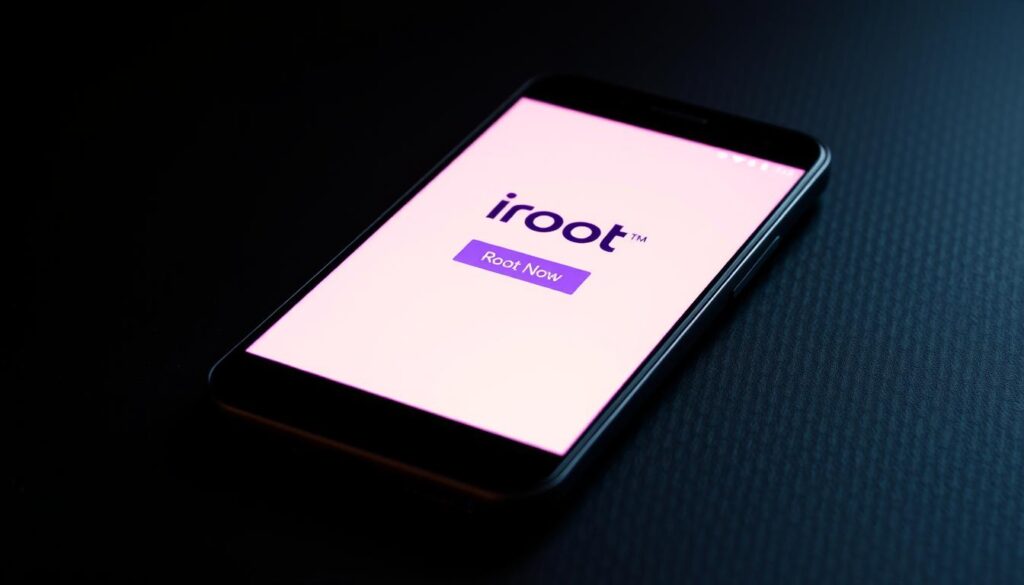A sleek, modern smartphone with a bold, vibrant display sits atop a dark, textured surface. The phone's screen displays the "iRoot" interface, its simple, intuitive layout illuminated by a soft, warm glow. The background is slightly blurred, drawing the viewer's focus to the device and its prominent "Root Now" button, beckoning to be pressed. The lighting is soft and directional, casting subtle shadows that accentuate the phone's elegant design. The overall mood is one of anticipation and technological empowerment, conveying the ease and safety of the rooting process described in the article's section.