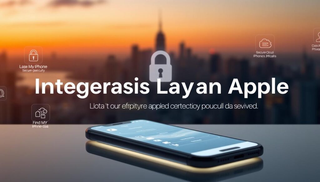 A visually engaging display of "Integrasi Layanan Apple" focusing on iPhone security features. In the foreground, a sleek, modern iPhone showcases the latest iOS security options on its screen, illuminated by a soft glow. Surrounding the phone, subtle icons representing features like Face ID, Find My iPhone, and secure cloud services are artistically arranged as holograms. In the middle ground, a faint, abstract representation of a digital lock signifies enhanced privacy, blending seamlessly with a background of a city skyline at dusk, suggesting technology woven into everyday life. The lighting is warm and inviting, creating a sense of safety and innovation. The composition conveys a mood of security and modernity, emphasizing the integration of Apple's services to protect personal data.