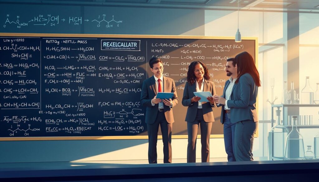An illustration showcasing the concept of "relative molecular mass calculation" in a visually engaging manner. In the foreground, depict a large chalkboard filled with detailed chemical equations and molecular structures, highlighting the steps for calculating relative molecular mass with clarity. In the middle, include a diverse group of professionals, wearing smart business attire, actively discussing and analyzing the equations, with a digital tablet in hand for reference. The background features a modern laboratory setting, with advanced scientific equipment and glassware, illuminated by soft, natural lighting to create a collaborative and innovative atmosphere. The overall mood should convey inspiration and dedication to scientific discovery, encouraging viewers to engage with the subject matter. An illustration showcasing the concept of "relative molecular mass calculation" in a visually engaging manner. In the foreground, depict a large chalkboard filled with detailed chemical equations and molecular structures, highlighting the steps for calculating relative molecular mass with clarity. In the middle, include a diverse group of professionals, wearing smart business attire, actively discussing and analyzing the equations, with a digital tablet in hand for reference. The background features a modern laboratory setting, with advanced scientific equipment and glassware, illuminated by soft, natural lighting to create a collaborative and innovative atmosphere. The overall mood should convey inspiration and dedication to scientific discovery, encouraging viewers to engage with the subject matter.