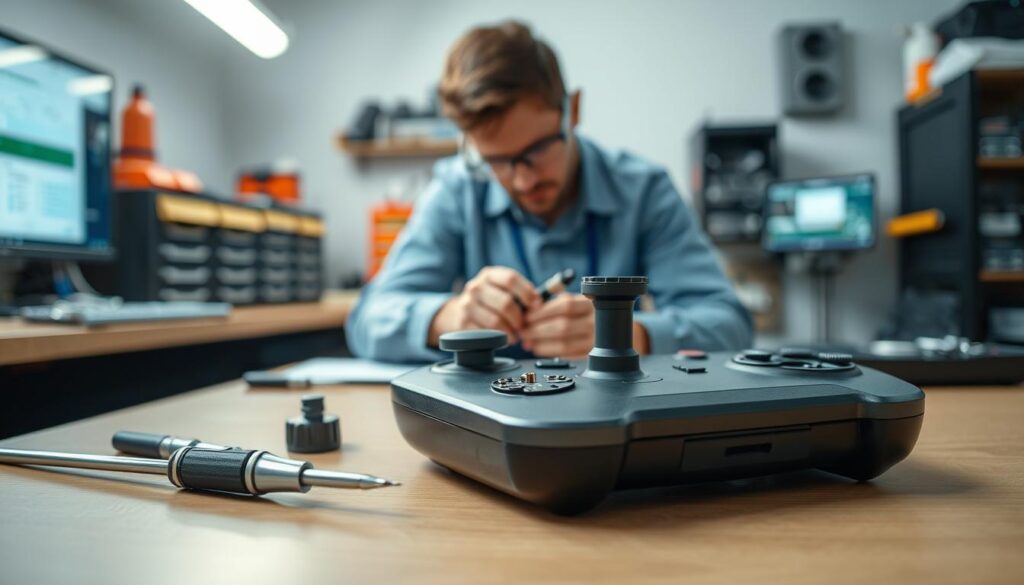 A close-up of a DualSense Edge controller being repaired on a well-lit workbench. In the foreground, a pair of precision tools (screwdriver, tweezers) and the detached stick module are neatly arranged, highlighting the DIY aspect. The middle layer features a skilled technician, dressed in a professional shirt and safety goggles, focused on replacing the stick module with careful precision. The background shows a tidy workspace with organized toolboxes and a computer displaying a repair guide. Soft, diffused lighting creates a calm, focused atmosphere, emphasizing the meticulous nature of the task. The angle is slightly tilted to add depth, showcasing both the controller and the technician's concentration on the repair.