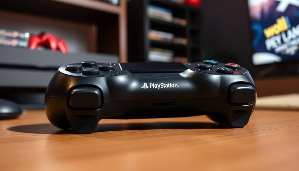 A close-up view of a PlayStation DualSense Edge controller featuring prominently displayed back buttons. The foreground showcases the sleek, ergonomic design of the controller, highlighting the innovative back buttons designed for customization. The middle ground emphasizes the textured surface of the controller, with light reflections creating an appealing glossy finish. The background is softly blurred, featuring hints of a gaming environment, such as a console, a game shelf, and ambient lighting from a TV screen. The image has a high-contrast look with warm lighting, evoking a sense of excitement and immersion in the gaming experience. The composition is shot from a slightly elevated angle to enhance the details of the buttons and the overall design.