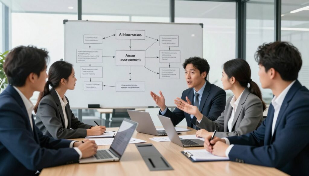 A dynamic office scene depicting a serious discussion about legal challenges and regulations surrounding AI in recruitment. In the foreground, a diverse group of four professionals, dressed in smart business attire, are gathered around a sleek conference table filled with documents and laptops. One person is gesturing passionately, while another takes notes. The middle layer shows a whiteboard covered in flowcharts and diagrams illustrating the complexities of AI hiring practices. The background features a modern office environment with large windows allowing natural light to brighten the space, creating a focused and urgent atmosphere. The image should convey a sense of collaboration and critical thinking as these professionals navigate the regulatory landscape.
