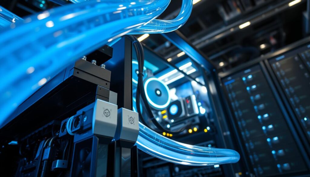 A futuristic supercomputer cooling system, showcasing a sleek, advanced liquid cooling design with vibrant blue Freon circulating through transparent tubes. In the foreground, close-up of the intricate network of cooling pipes and heat sinks. The middle ground features a sophisticated supercomputer with illuminated components and a shiny metal chassis, surrounded by ambient blue and white lighting for a high-tech atmosphere. The background includes a dimly lit data center with rows of servers, highlighting the contrast between old and new technology. The image captures a professional mood, emphasizing innovation and efficiency in cooling technologies. The angle is a dynamic low shot, enhancing the grandeur of the supercomputer setup.