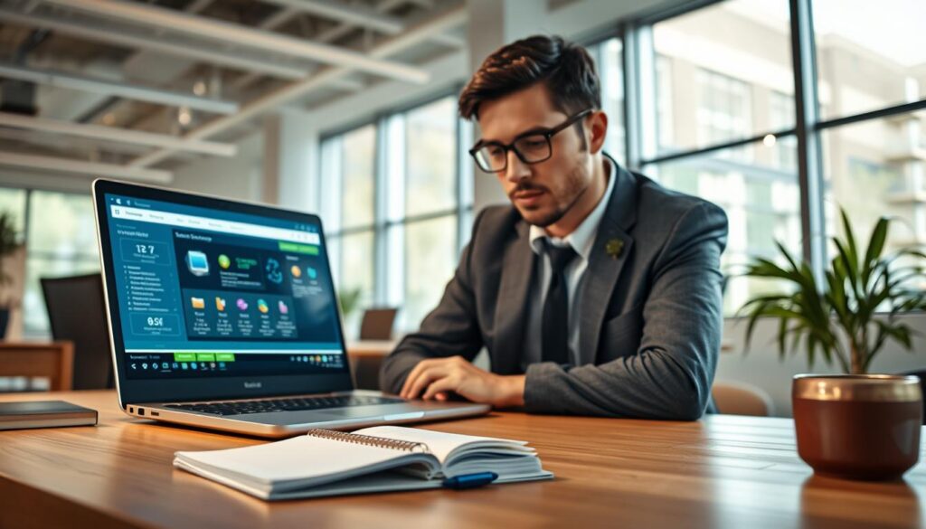 A modern computer workspace featuring a sleek laptop displaying a data recovery application interface with vibrant graphical elements. In the foreground, a business professional in smart casual attire is focused on the screen, their expression reflecting concentration and determination. The middle layer shows a tidy desk with essential tools: a notepad filled with notes and a cup of coffee. The background reveals a bright, well-lit office environment with large windows, casting soft, natural light that enhances the scene. The overall atmosphere is one of productivity and innovation, evoking a sense of hope and efficiency in recovering lost files. Use a dynamic perspective with a slight tilt to create depth. A modern computer workspace featuring a sleek laptop displaying a data recovery application interface with vibrant graphical elements. In the foreground, a business professional in smart casual attire is focused on the screen, their expression reflecting concentration and determination. The middle layer shows a tidy desk with essential tools: a notepad filled with notes and a cup of coffee. The background reveals a bright, well-lit office environment with large windows, casting soft, natural light that enhances the scene. The overall atmosphere is one of productivity and innovation, evoking a sense of hope and efficiency in recovering lost files. Use a dynamic perspective with a slight tilt to create depth.