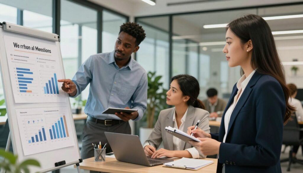 A modern office environment featuring a diverse group of professionals engaged in a collaborative meeting. In the foreground, an Asian woman in a smart business outfit is presenting a strategy board filled with charts and graphs that visualize methods to reduce bias in AI recruitment. In the middle ground, a Black man and a Hispanic woman are attentively discussing, pointing at the board, while a Caucasian woman takes notes on a laptop. The background shows a bright, open office space with glass walls and greenery, suggesting a progressive workplace. Soft, natural lighting filters through large windows, creating an atmosphere of innovation and inclusivity. The mood is focused and optimistic, emphasizing teamwork and fairness in recruitment practices.
