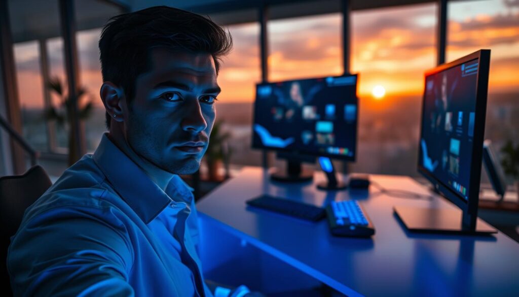 A serene and focused individual, dressed in professional business attire, is sitting at a sleek gaming desk, confidently facing a monitor displaying intense gameplay. The foreground captures their calm expression, with furrowed brows hinting at deep concentration. In the middle, the gaming setup is illuminated with soft blue lighting, symbolizing a stoic mindset amid the chaos of competition. In the background, a large window reveals a tranquil sunset, casting warm hues that create a contrast between the external chaos and the inner peace of the player. The overall atmosphere is one of resilience and composure, illustrating the stoic approach to overcoming tilting in high-pressure situations. The camera angle is slightly low, emphasizing the focus and determination on the player's face. A serene and focused individual, dressed in professional business attire, is sitting at a sleek gaming desk, confidently facing a monitor displaying intense gameplay. The foreground captures their calm expression, with furrowed brows hinting at deep concentration. In the middle, the gaming setup is illuminated with soft blue lighting, symbolizing a stoic mindset amid the chaos of competition. In the background, a large window reveals a tranquil sunset, casting warm hues that create a contrast between the external chaos and the inner peace of the player. The overall atmosphere is one of resilience and composure, illustrating the stoic approach to overcoming tilting in high-pressure situations. The camera angle is slightly low, emphasizing the focus and determination on the player's face.