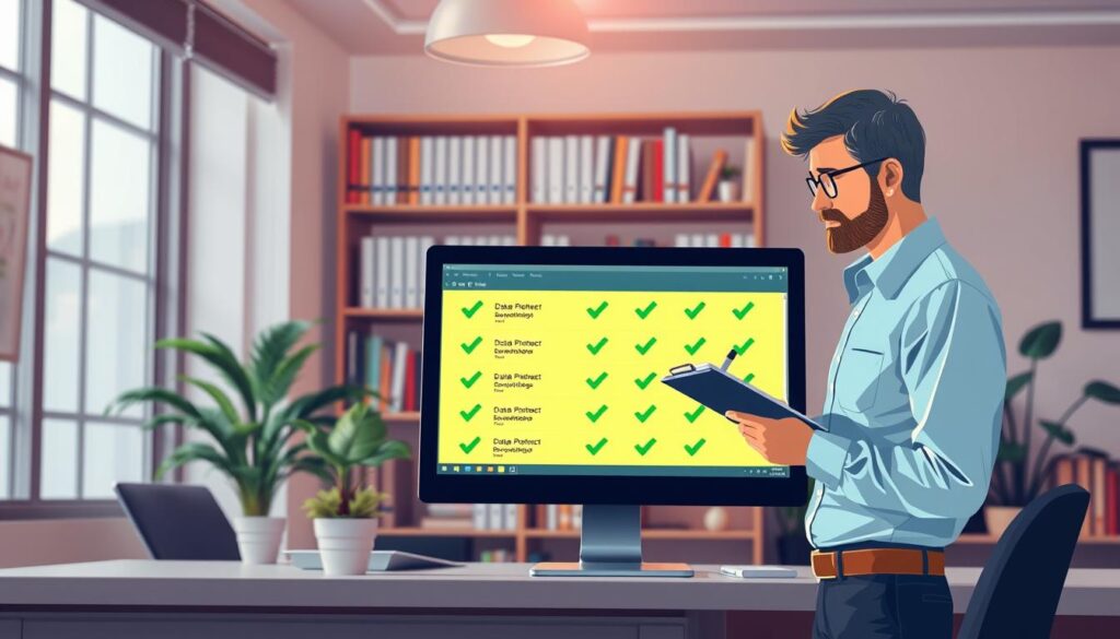 A visually appealing illustration depicting data loss prevention. In the foreground, a computer screen displays a vibrant, organized file system with green checkmarks, symbolizing successful data management. In the middle, a concerned professional in smart casual attire reviews the screen, holding a clipboard and pen, analyzing data protection strategies. The background features an office environment with shelves of tech books and a potted plant, indicating a focus on knowledge and growth. Soft, natural lighting filters through a window, casting a warm glow that creates a hopeful atmosphere. The angle captures both the screen and the person, emphasizing their engagement with the subject matter. The overall mood should convey diligence, responsibility, and proactive measures against data loss. A visually appealing illustration depicting data loss prevention. In the foreground, a computer screen displays a vibrant, organized file system with green checkmarks, symbolizing successful data management. In the middle, a concerned professional in smart casual attire reviews the screen, holding a clipboard and pen, analyzing data protection strategies. The background features an office environment with shelves of tech books and a potted plant, indicating a focus on knowledge and growth. Soft, natural lighting filters through a window, casting a warm glow that creates a hopeful atmosphere. The angle captures both the screen and the person, emphasizing their engagement with the subject matter. The overall mood should convey diligence, responsibility, and proactive measures against data loss.