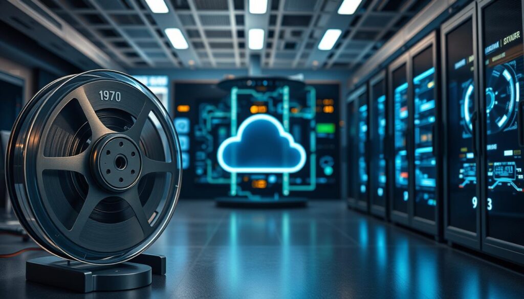 A visually striking comparison of data storage evolution in supercomputers from 1970 to 2025. In the foreground, display a vintage magnetic tape reel, representing 1970s technology, with details like metallic reels and retro labels. In the middle, showcase a sleek, modern cloud storage interface with abstract digital elements, symbolizing 2025 advancements. The background should feature a high-tech supercomputer with glowing elements, illustrating the progress in storage capacity. Use dramatic lighting to enhance contrasts between the retro and modern components, emphasizing their differences. The atmosphere should be innovative and forward-looking, capturing a sense of technological revolution, all framed in a futuristic office environment with soft shadows.
