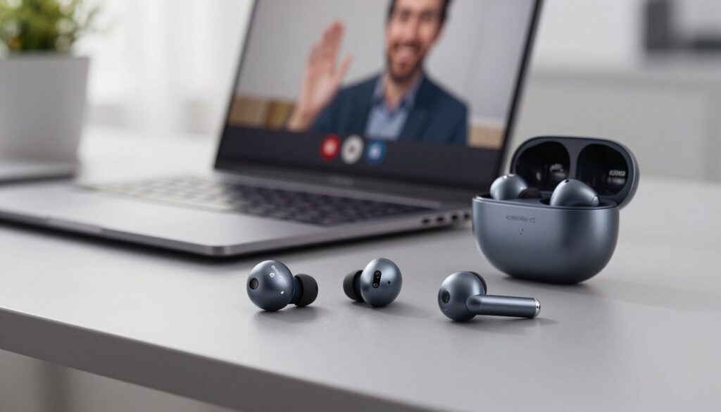 A close-up of high-tech earbuds, specifically the Samsung Buds3, OPPO Enco X3, and Xiaomi Buds 5 Pro, placed on a sleek, modern desk. In the foreground, highlight the earbuds showcasing their distinct designs and microphones, with intricate details such as texture and color. In the middle, show a blurred laptop or smartphone, emphasizing a professional video call setup. The background should feature a minimalist office environment with soft, diffused lighting, creating a productive atmosphere. Use a shallow depth of field to draw attention to the earbuds while keeping the office setting subtly present. The mood should be focused and sophisticated, conveying the advanced audio technology and call performance of these devices.