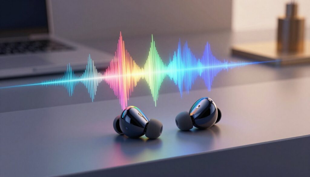 A high-tech illustration featuring the latest earbuds showcasing Dolby Atmos and Spatial Audio technology. In the foreground, a sleek pair of premium earbuds with an attractive glossy finish are situated on a modern surface, emphasizing their craftsmanship. The middle ground displays sound waves emanating from the earbuds, visually representing immersive audio, with colorful audio frequencies shown in vibrant patterns. The background is a softly blurred minimalist studio setting, with ambient lighting enhancing the futuristic vibe. The atmosphere conveys sophistication and innovation, focusing on the auditory experience. Capture the scene from a slightly elevated angle to highlight the earbuds and the dynamic sound visuals, promoting an engaging and visually striking representation of cutting-edge audio technology.
