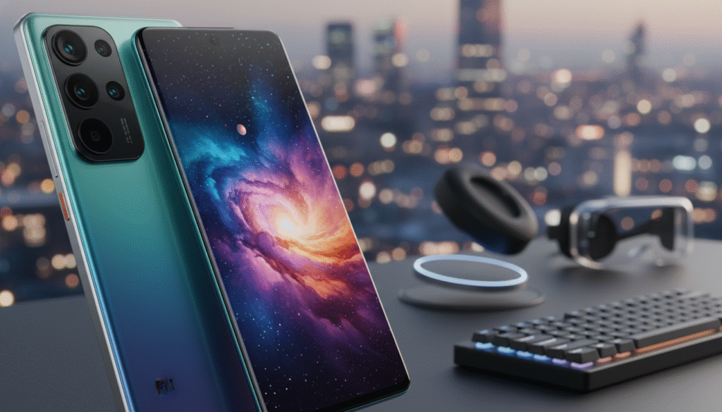 A sleek, modern Xiaomi flagship smartphone for 2026 takes center stage, showcasing a stunning edge-to-edge display with vibrant colors. The device features a premium glass back with an iridescent finish that reflects ambient light. In the foreground, the smartphone is positioned at a dynamic angle, capturing its slim profile and innovative design elements like a triple-camera system. In the middle ground, a soft-focus workspace setting includes a minimalist desk with tech gadgets subtly placed, enhancing the tech-savvy atmosphere. The background features a blurred cityscape at dusk, illuminated by warm lights, creating an aspirational mood. The overall lighting is soft yet vivid, emphasizing the smartphone's features with a slight glow. No text or watermarks are present, ensuring the focus remains on the device.